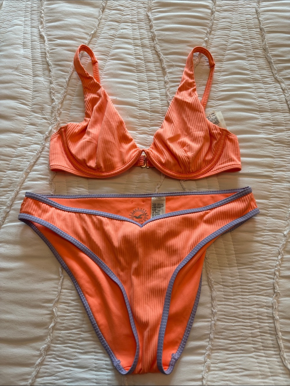Hollister Coral Ribbed Bikini Set with Lavender Trim